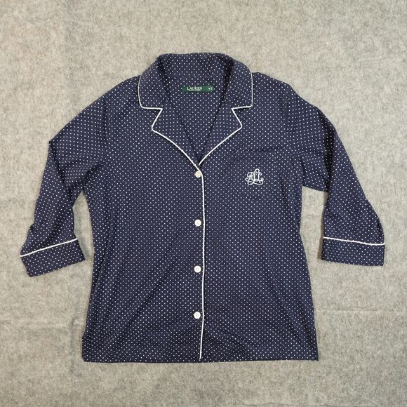 Ralph Lauren Pajama Top Womens Medium Monogrammed Polka Dot Navy Button Up Cozy - Picture 1 of 9